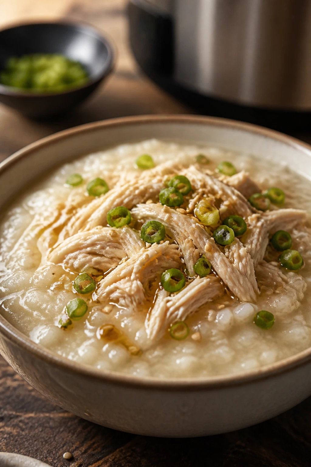 Creamy chicken congee in a bowl with shredded chicken and scallions
