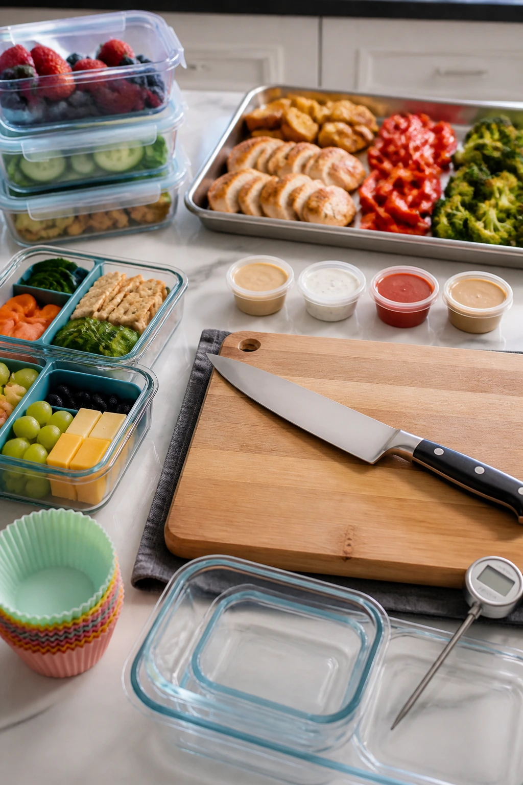 Organized meal prep tools and containers on a kitchen counter