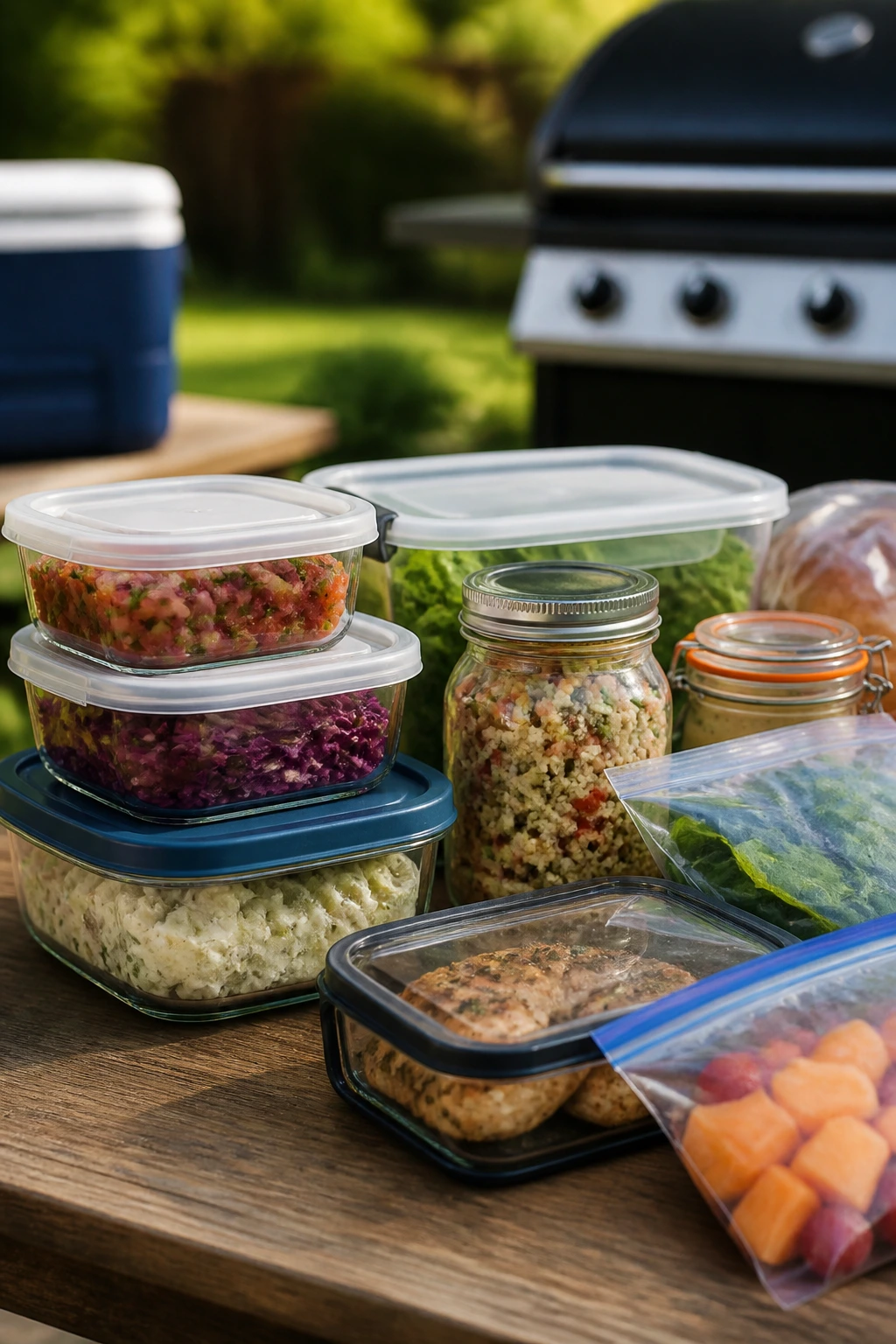 Close-up of diverse picnic containers on a sunny backyard table