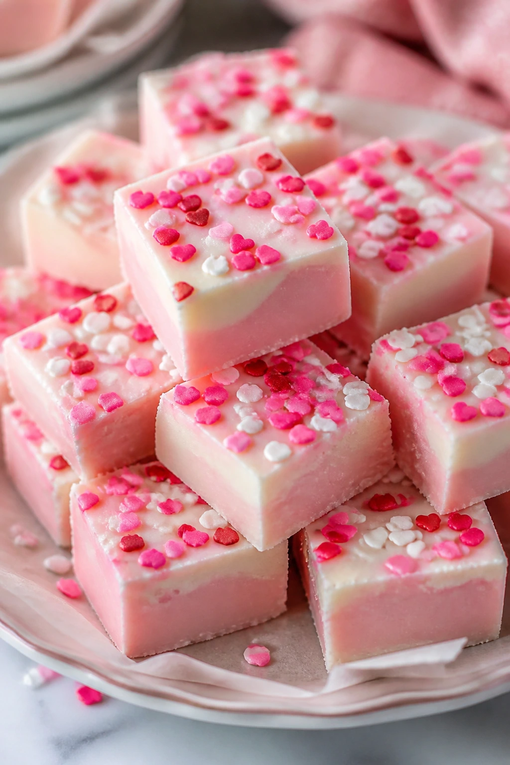 Pastel pink fudge squares with heart sprinkles on a plate