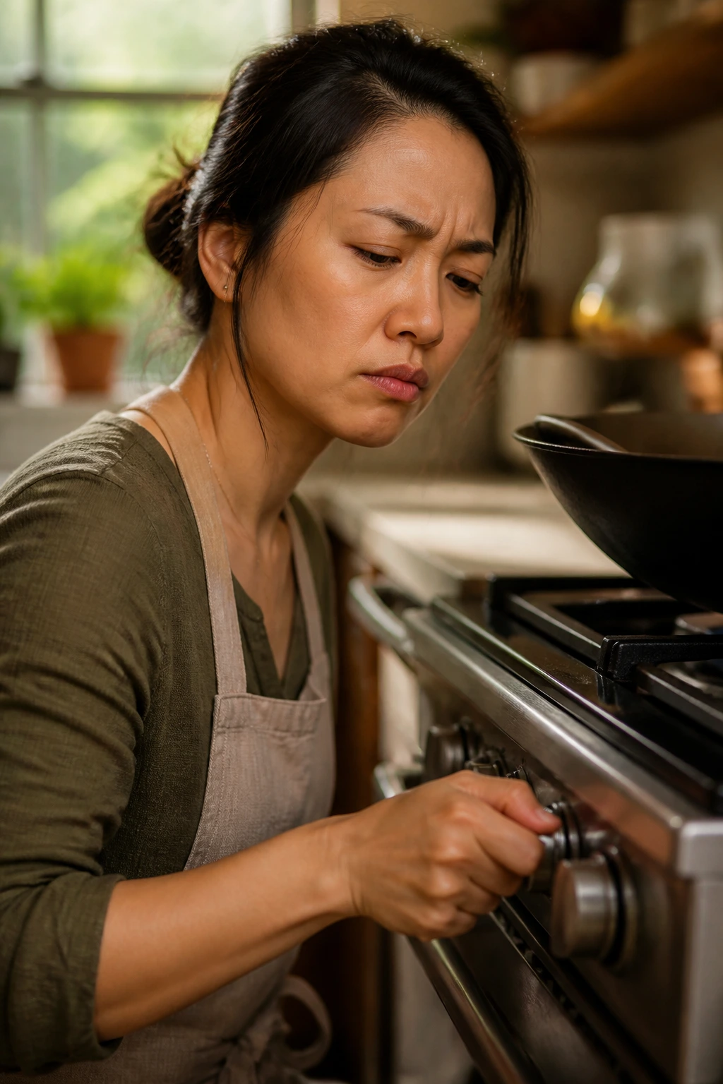 Cook preparing to turn on burner in warm kitchen.