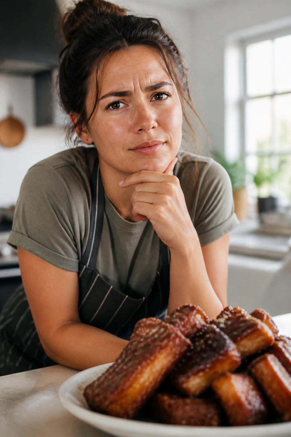 Person in kitchen thinking about cooking pork with plate in foreground