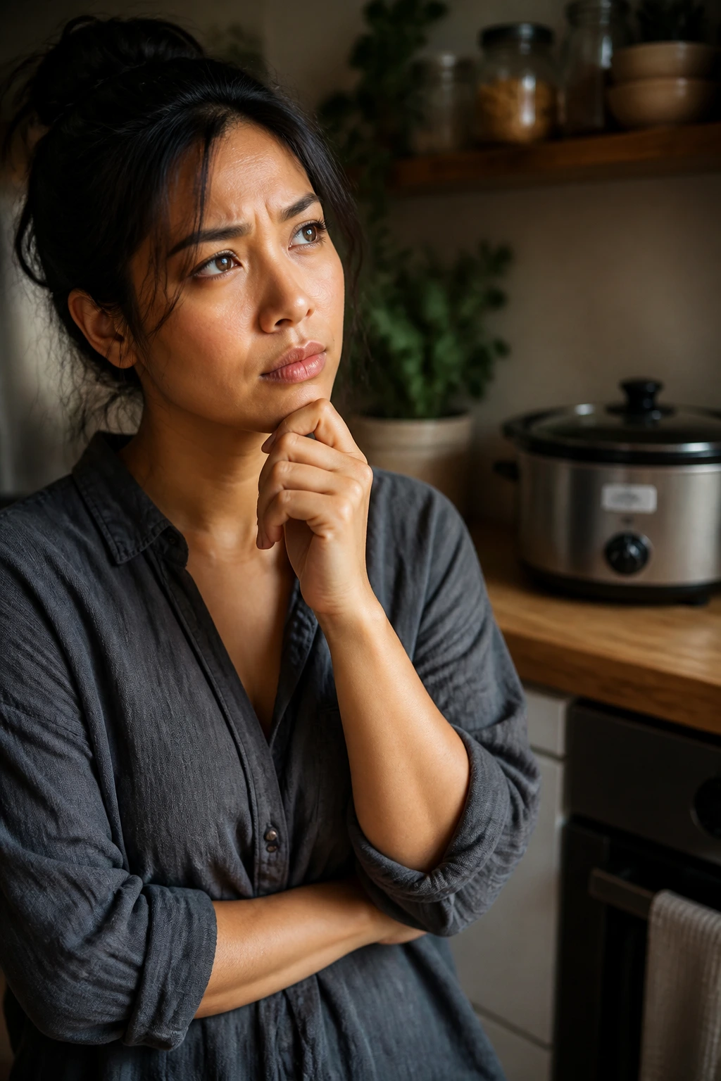 Real person contemplating in a kitchen beside a slow cooker.