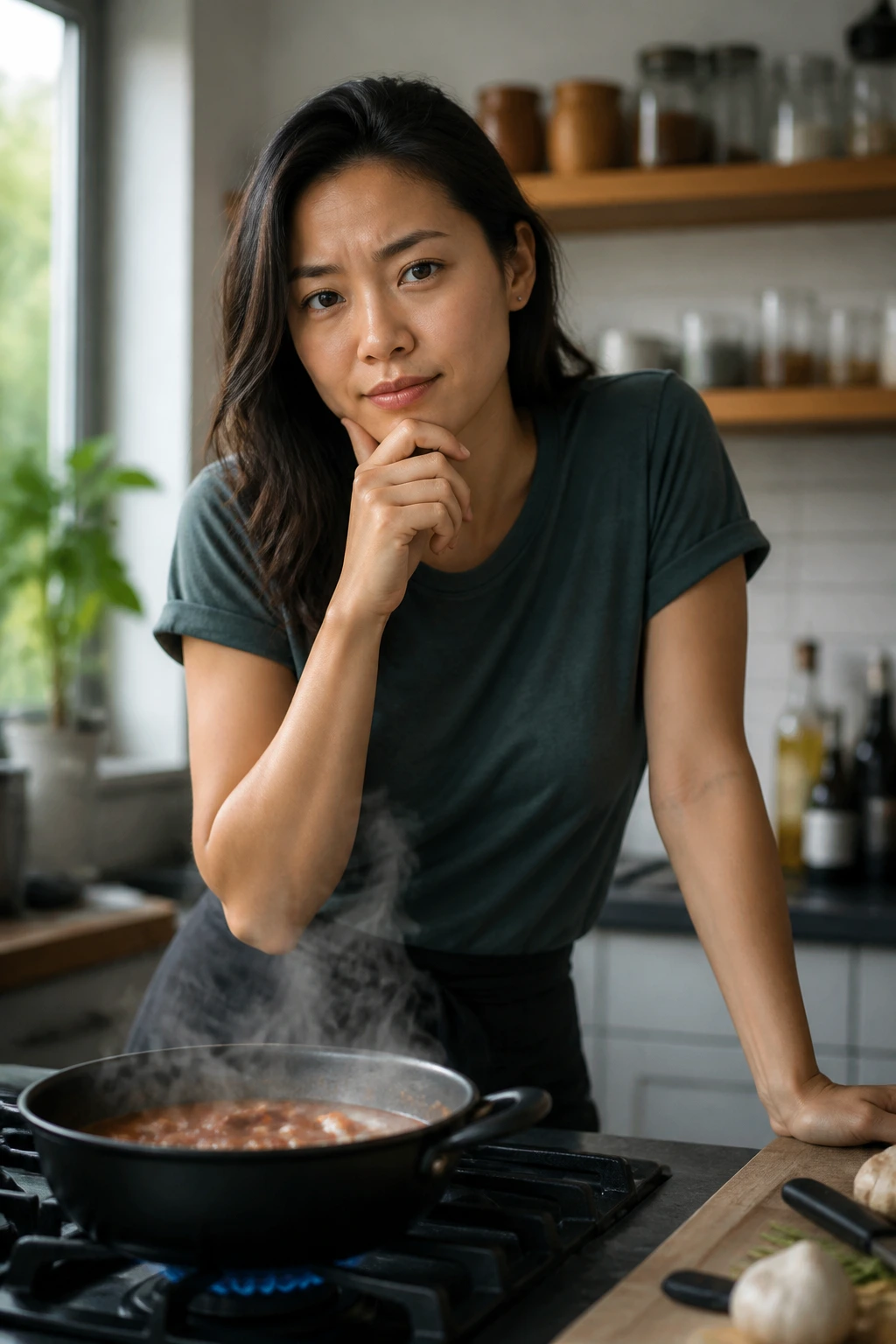Real person in a kitchen thinking before cooking