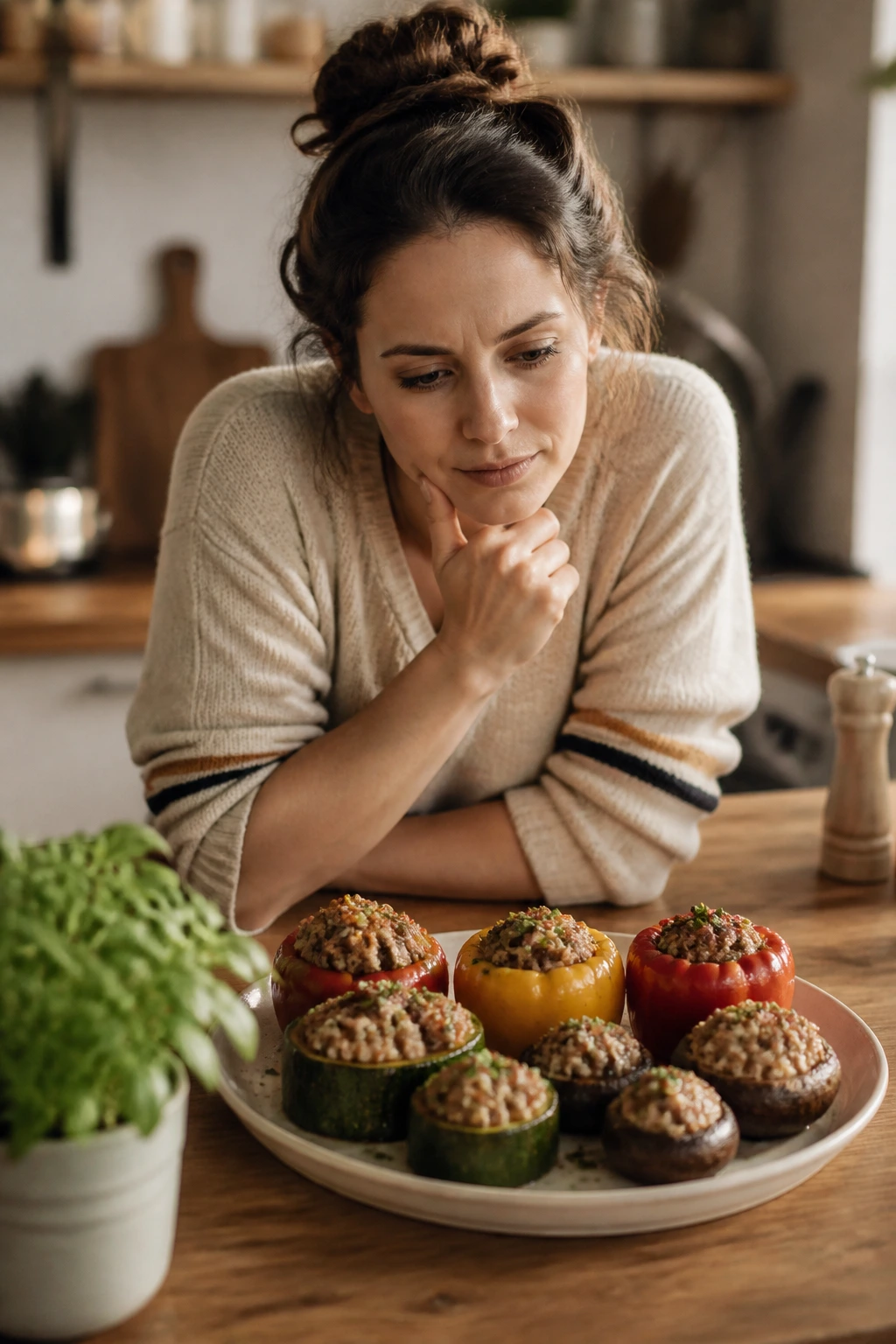 Real-person kitchen portrait considering stuffed veggie dish with thoughtful expression