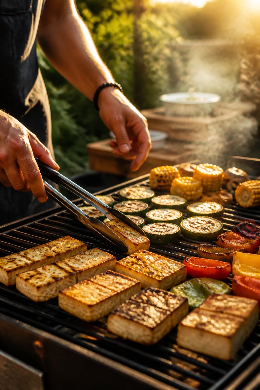 Hands coordinating tofu and vegetables on a grill during golden hour