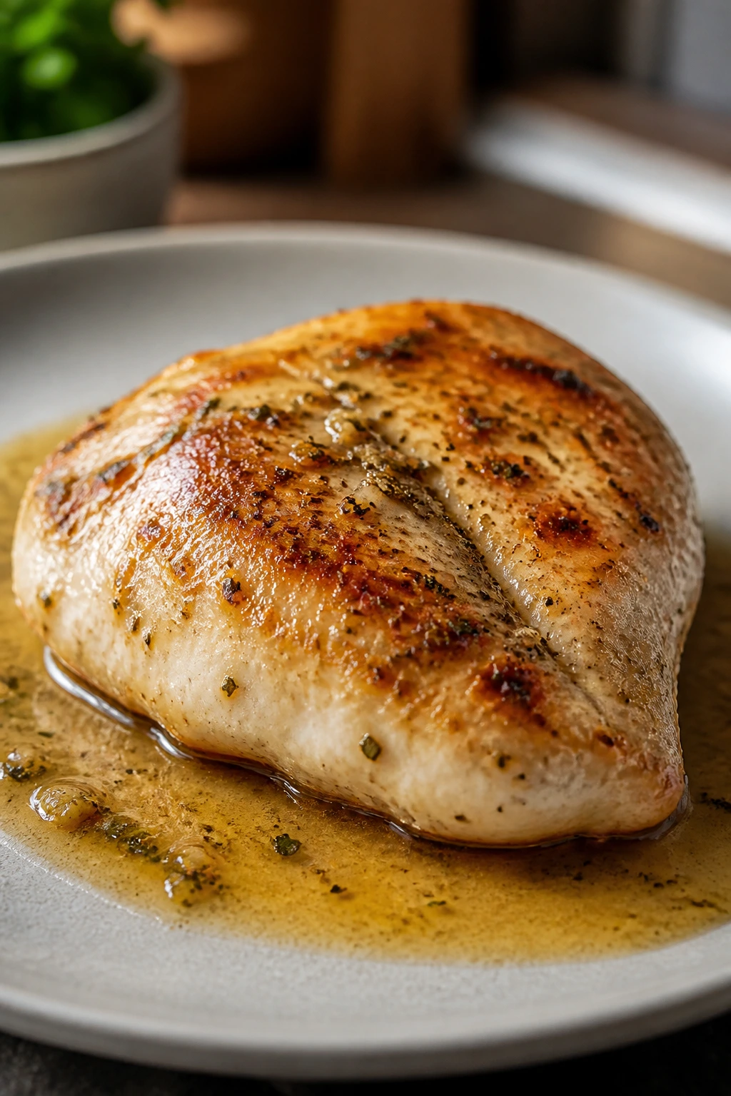 Cooked chicken breast on plate with pan sauce in a cozy kitchen