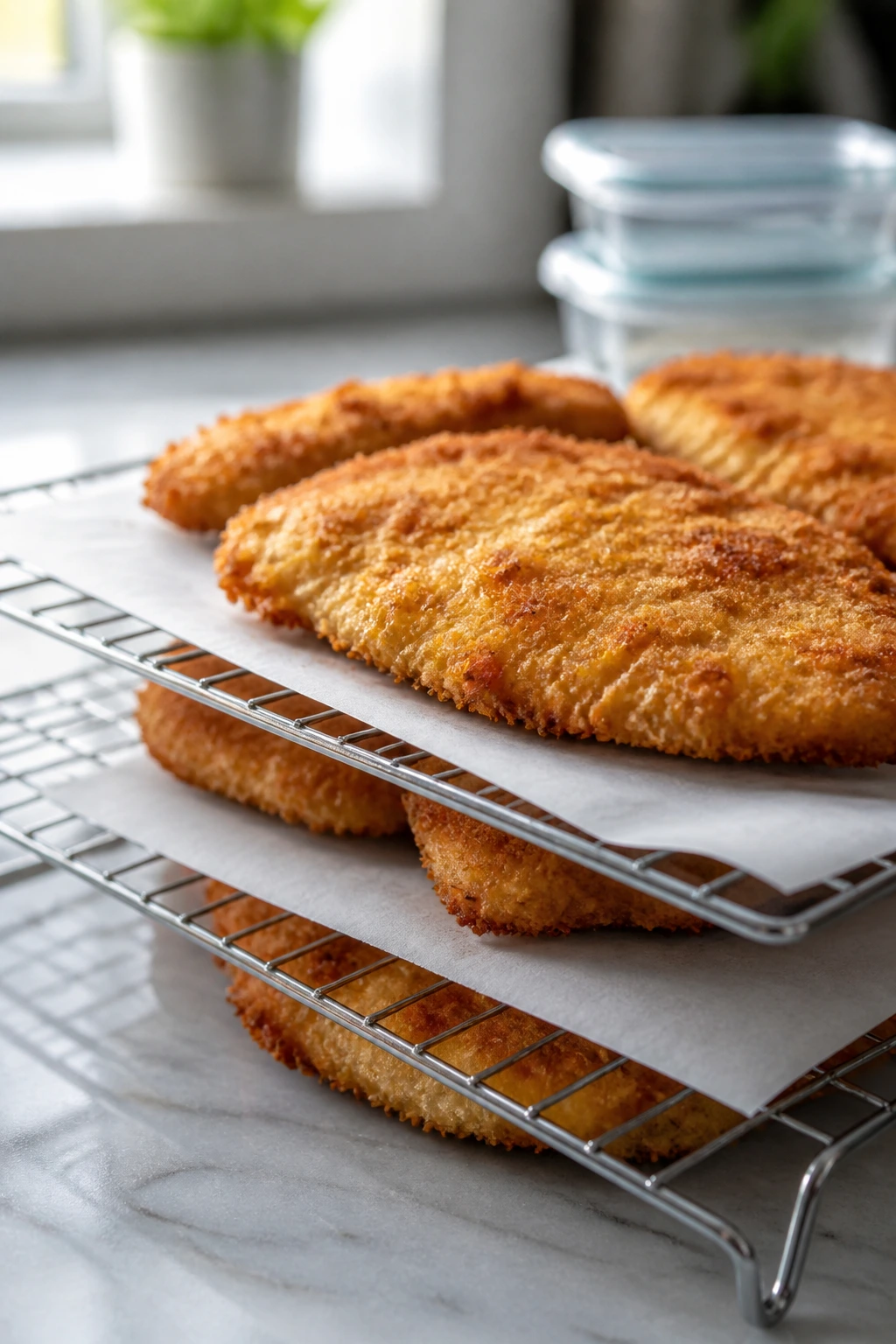 Cooked chicken cutlets cooling on a wire rack
