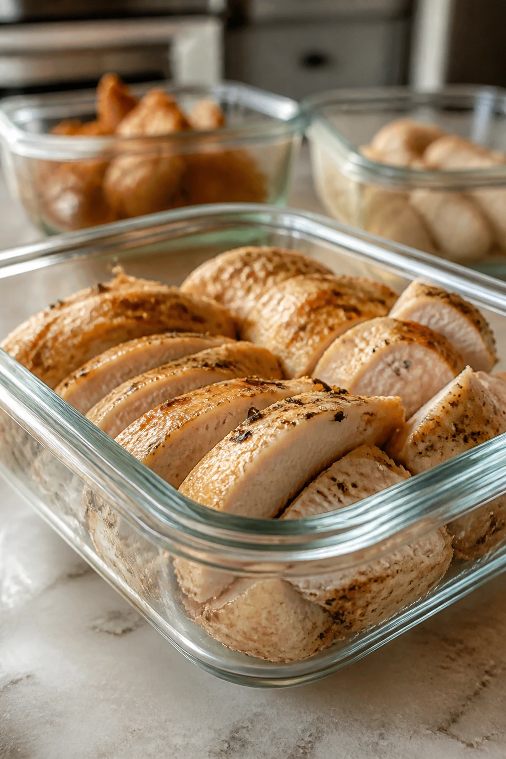 Close-up of cooked chicken in a storage container on a kitchen counter