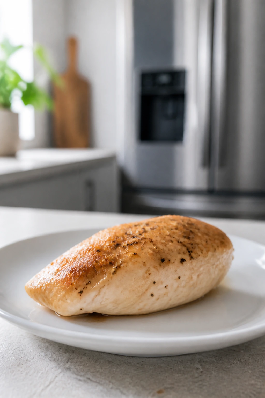 Cooked boneless chicken breast on white plate in a kitchen for storage and reheating