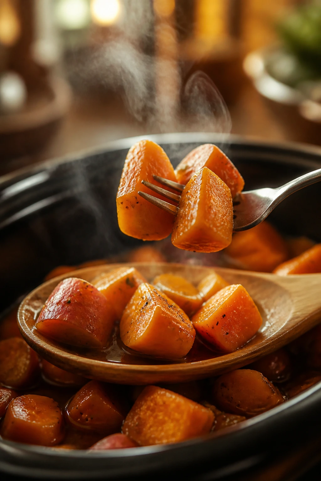 Fork-tender carrots and sweet potatoes steaming from a serving spoon.