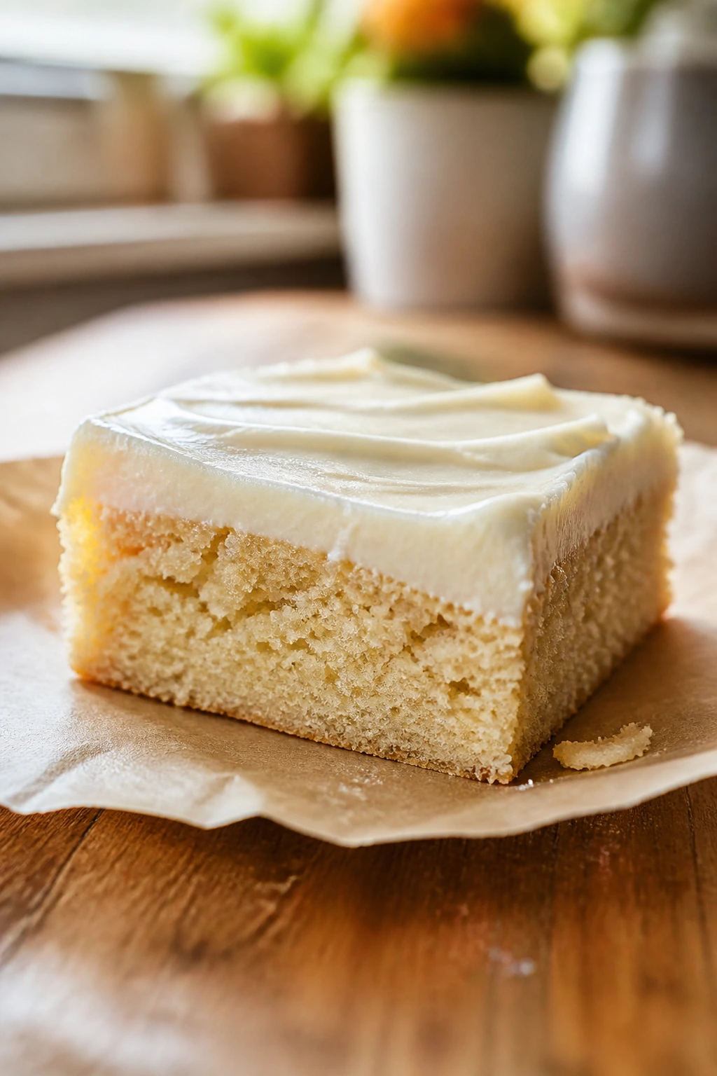 Single slice of soft sugar cookie bar with tangy frosting on parchment