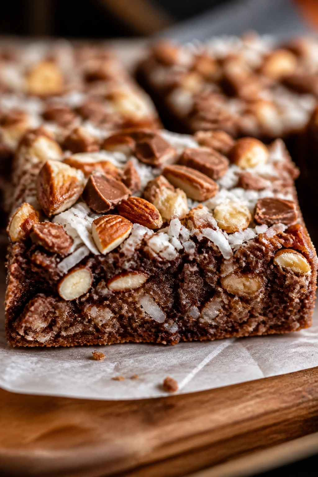 Close-up of almond joy cookie bar showing coconut and almonds.