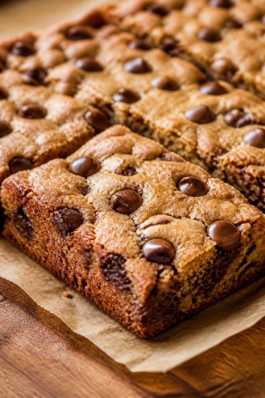 Close-up of thick chocolate chip cookie bars with chewy center and browned edges on parchment.