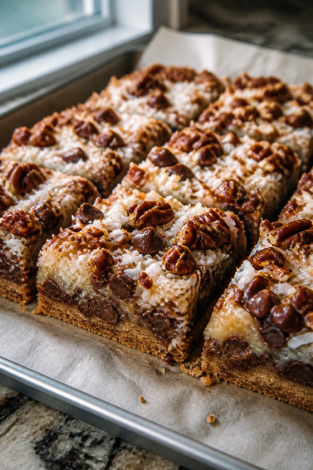 Close-up of magic cookie bars showing layered topping