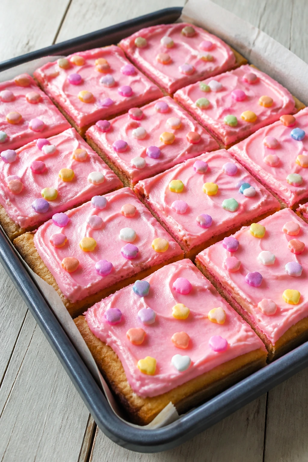 Squares of conversation heart cookie bars with pink frosting on parchment-lined pan