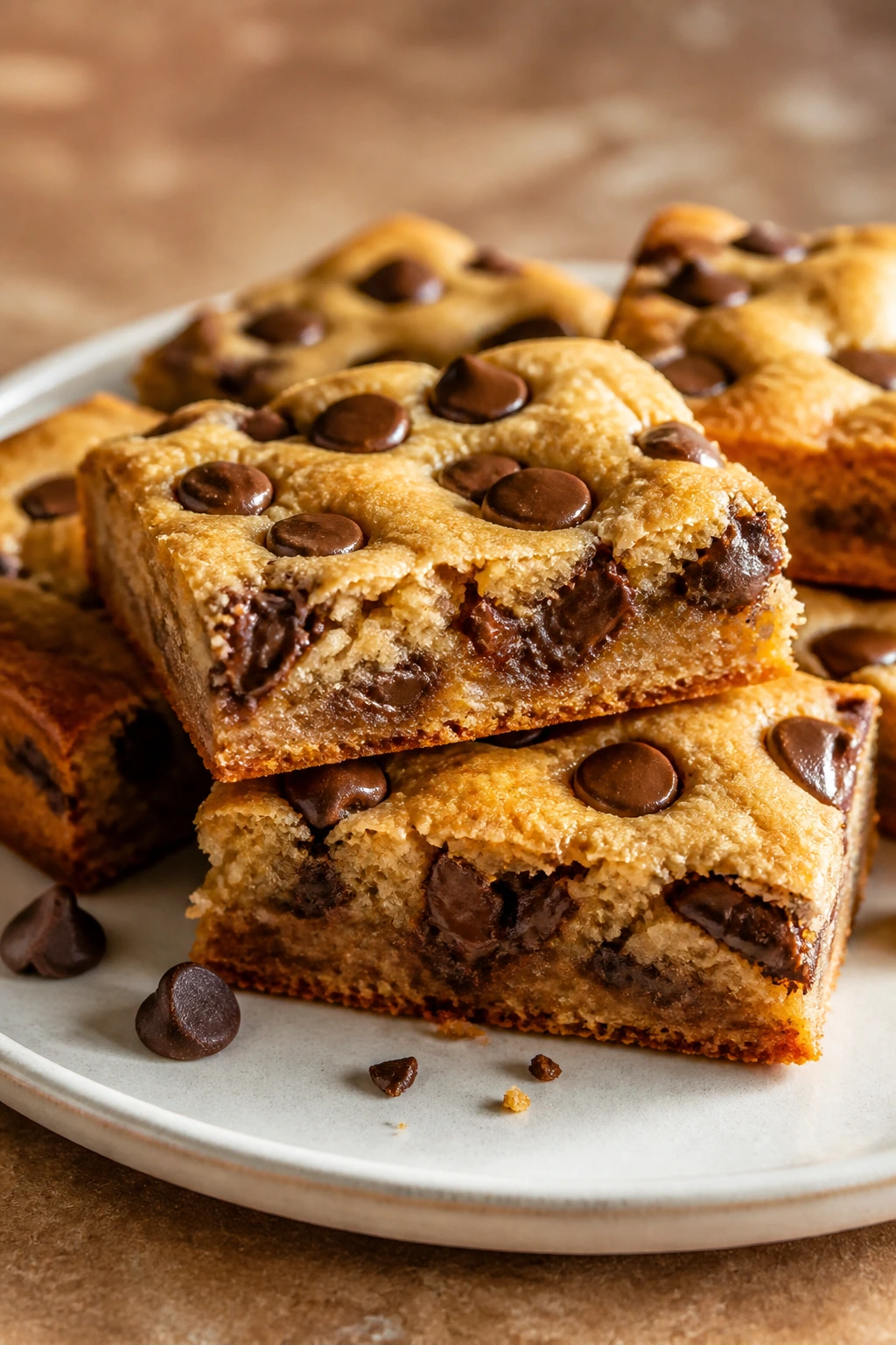 Chewy keto cookie bars with chocolate chips on plate