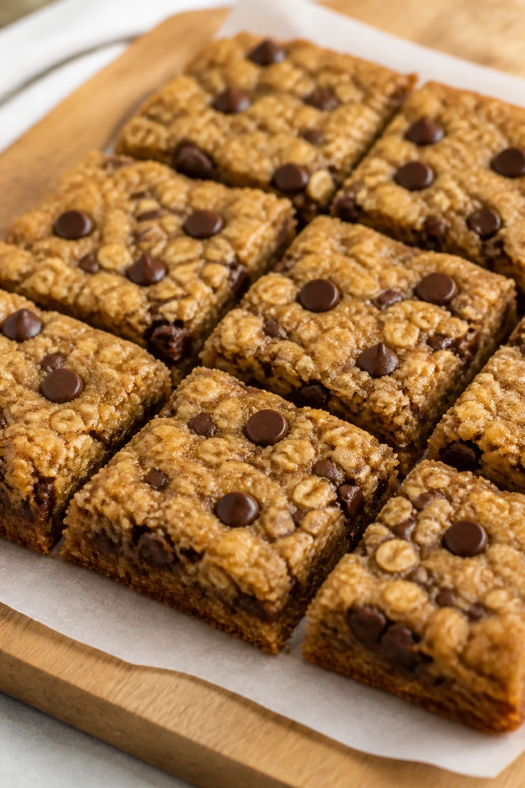 Close-up of brown sugar oat cookie bars on parchment-lined cutting board