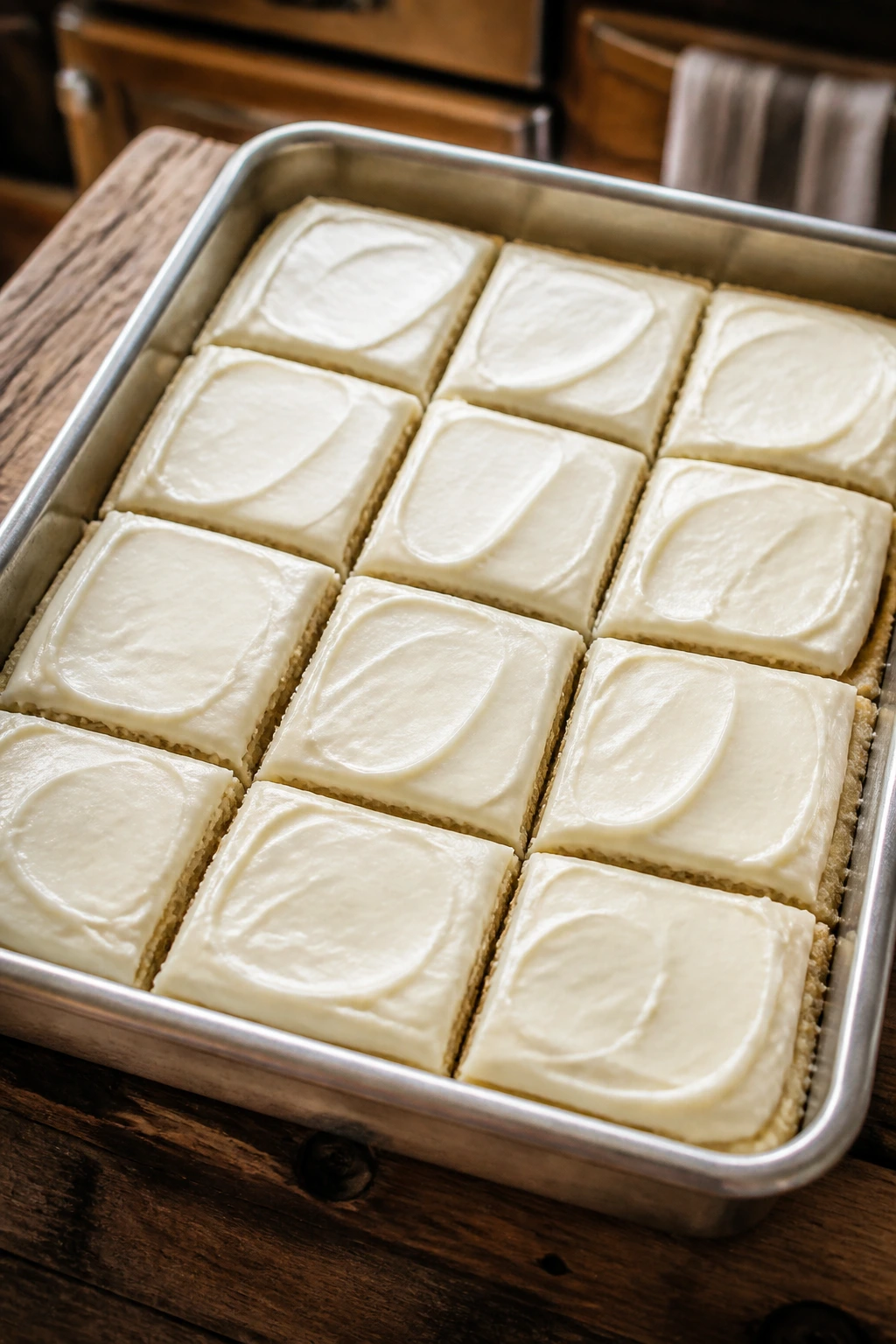 Close-up of a baking pan filled with sugar cookie bars on a wooden counter