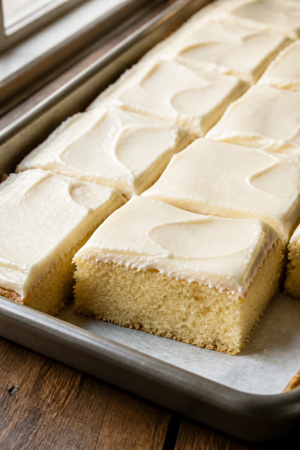 Close-up of a sheet pan sugar cookie bar slice on a wooden surface