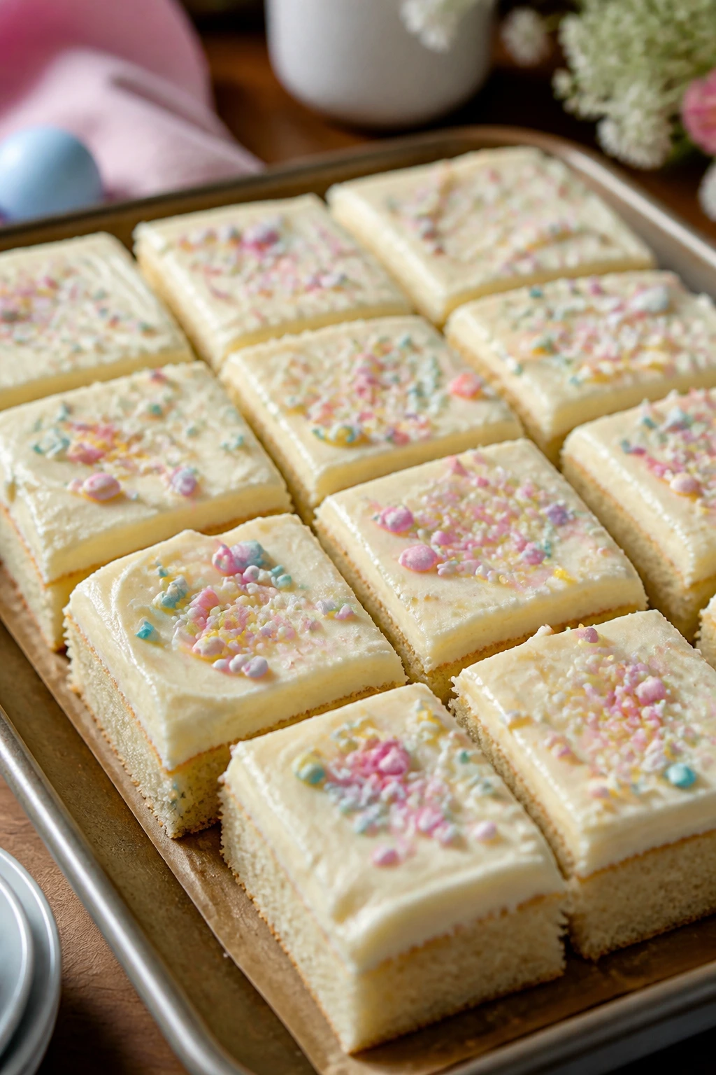 Tray of frosted vanilla sugar cookie bars with pastel sprinkles