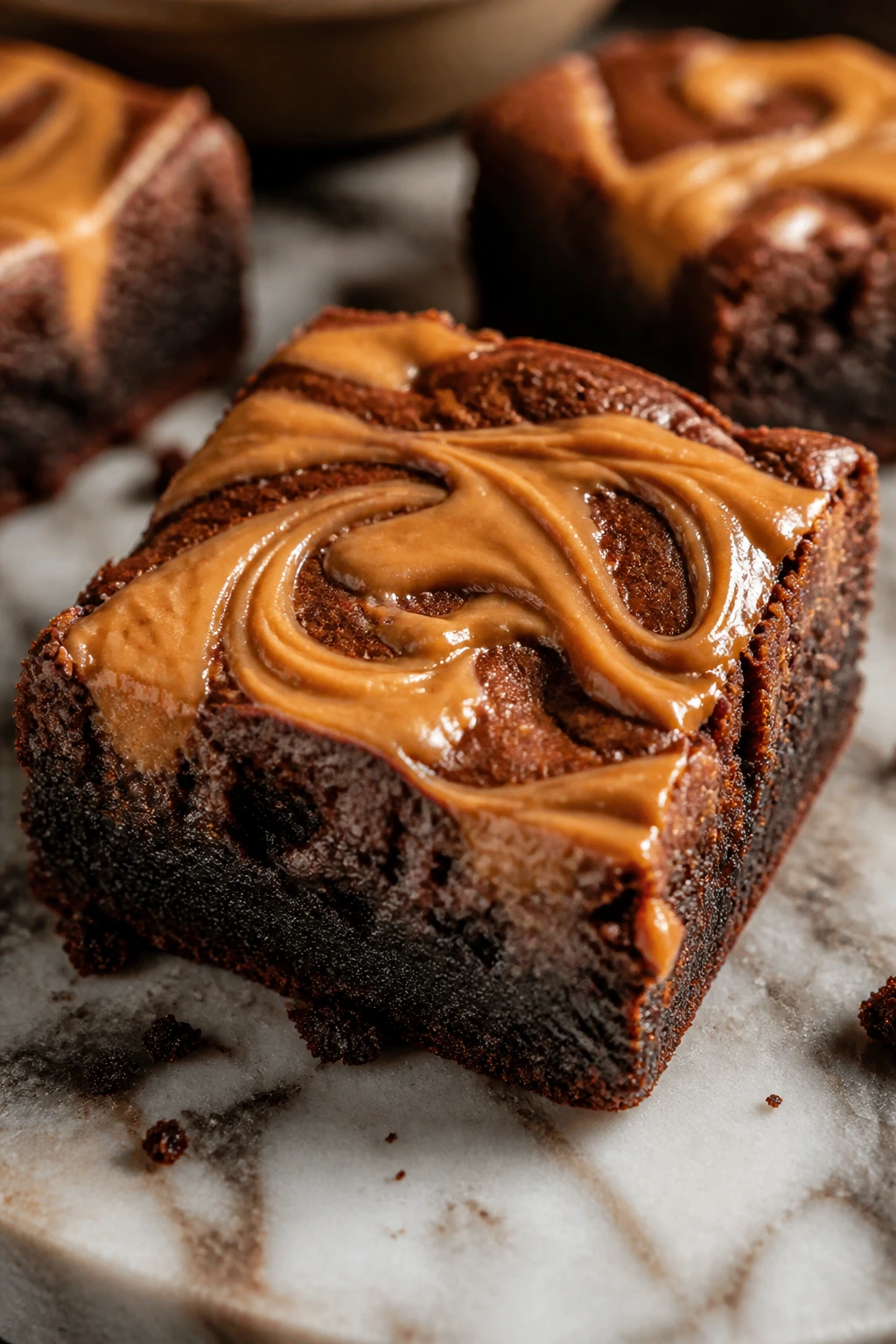 Close-up of cookie butter brownie with caramel swirl on marble counter
