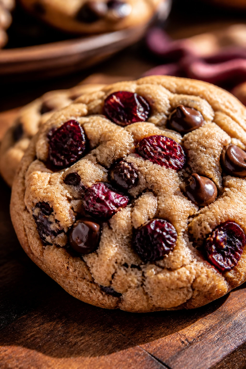 Close-up of Cherry Chocolate Chip Cookie with cherries and chocolate chips
