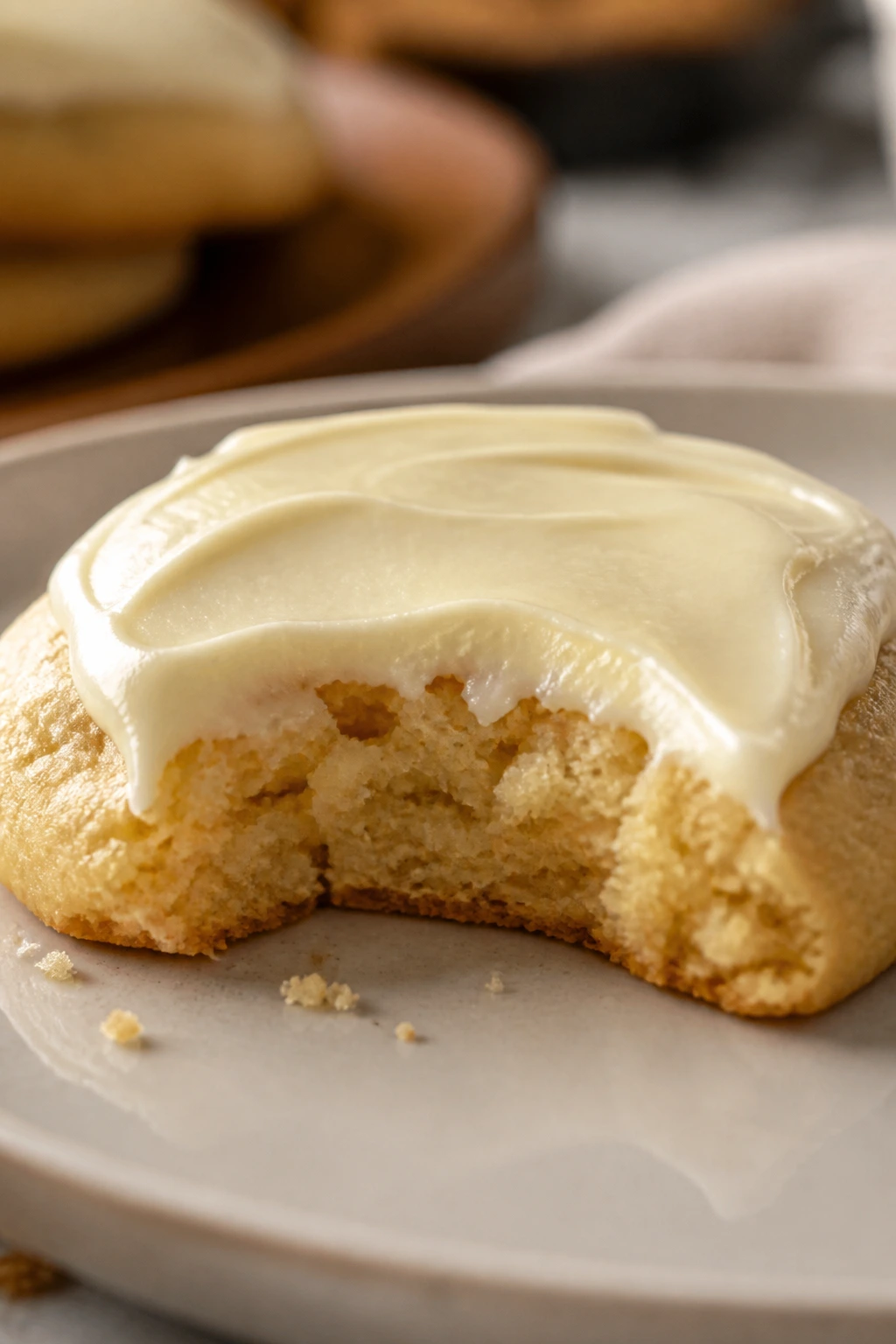 Cross-section close-up of a soft cookie with cream cheese frosting showing moist crumb