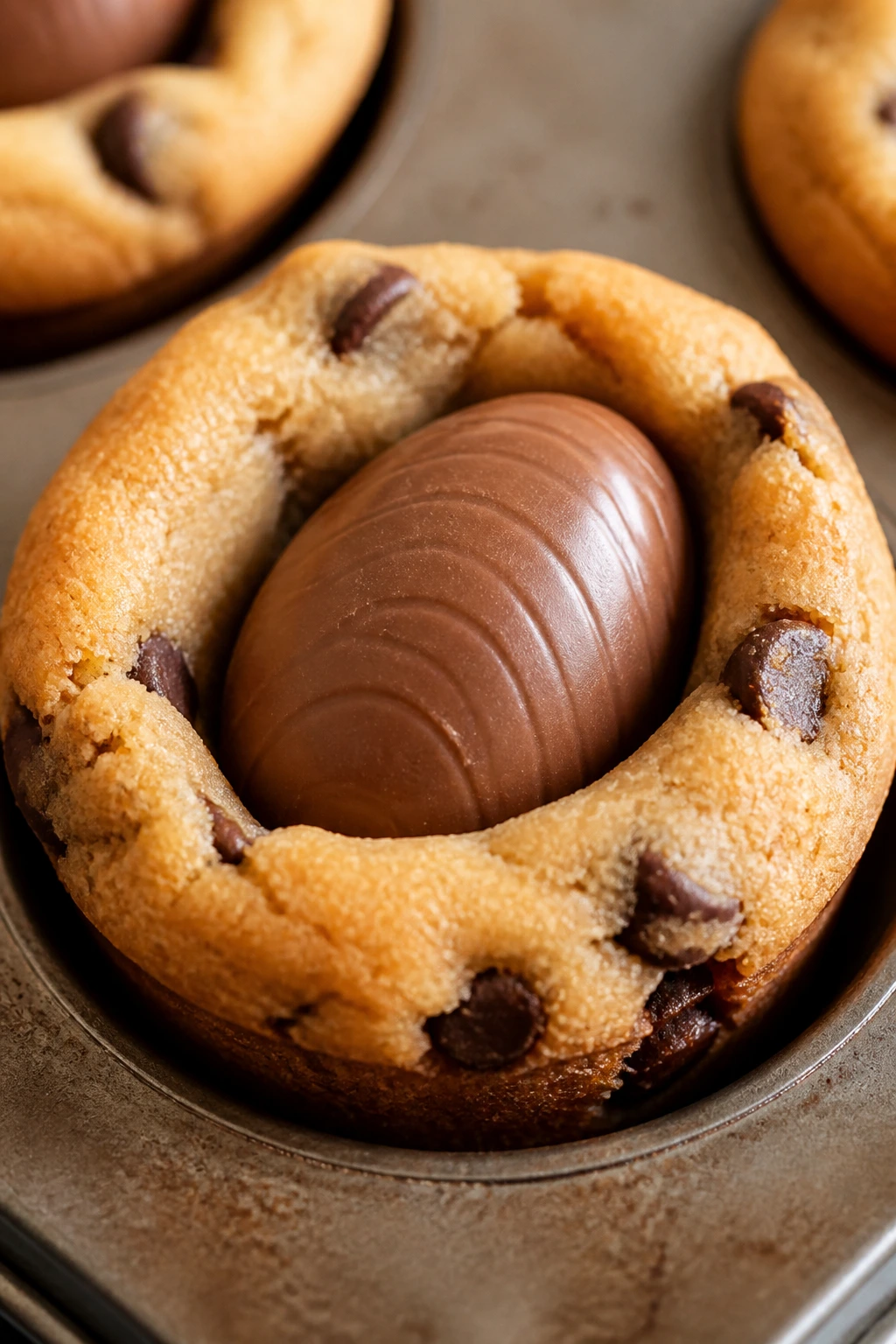 Cookie cup with peanut butter egg center in muffin tin