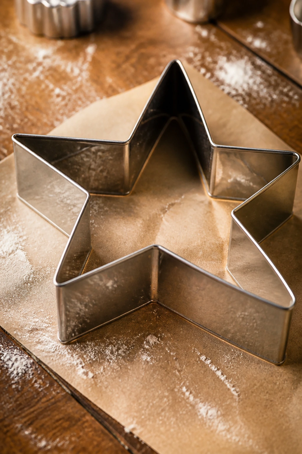 Metal star-shaped cookie cutter on parchment on wooden counter.