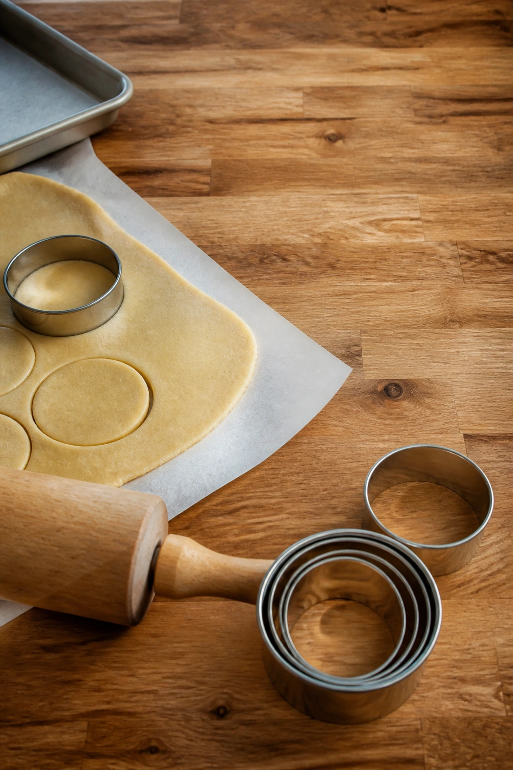Rolling pin and cookie cutters arranged on a wooden counter for cut-out cookies