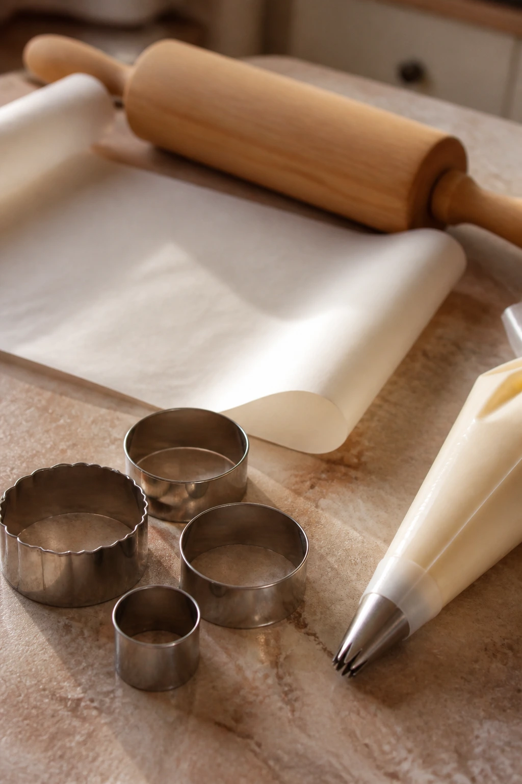 Close-up of cookie decorating tools on a kitchen counter