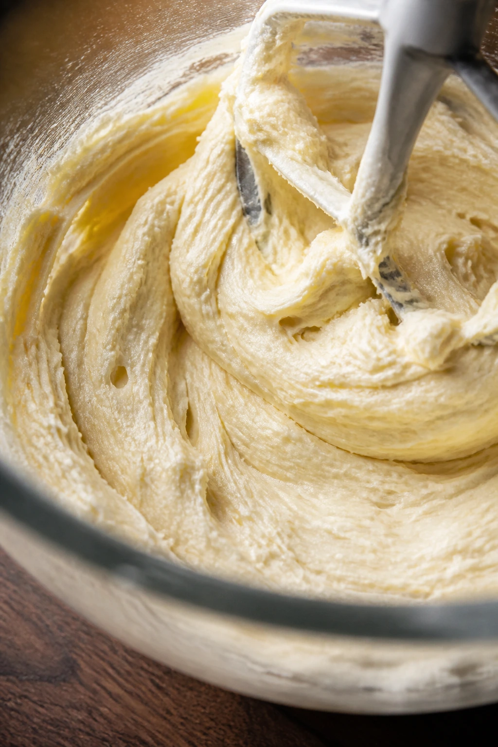 Close-up of pale cookie dough batter in a mixing bowl with a beater mixing through it.