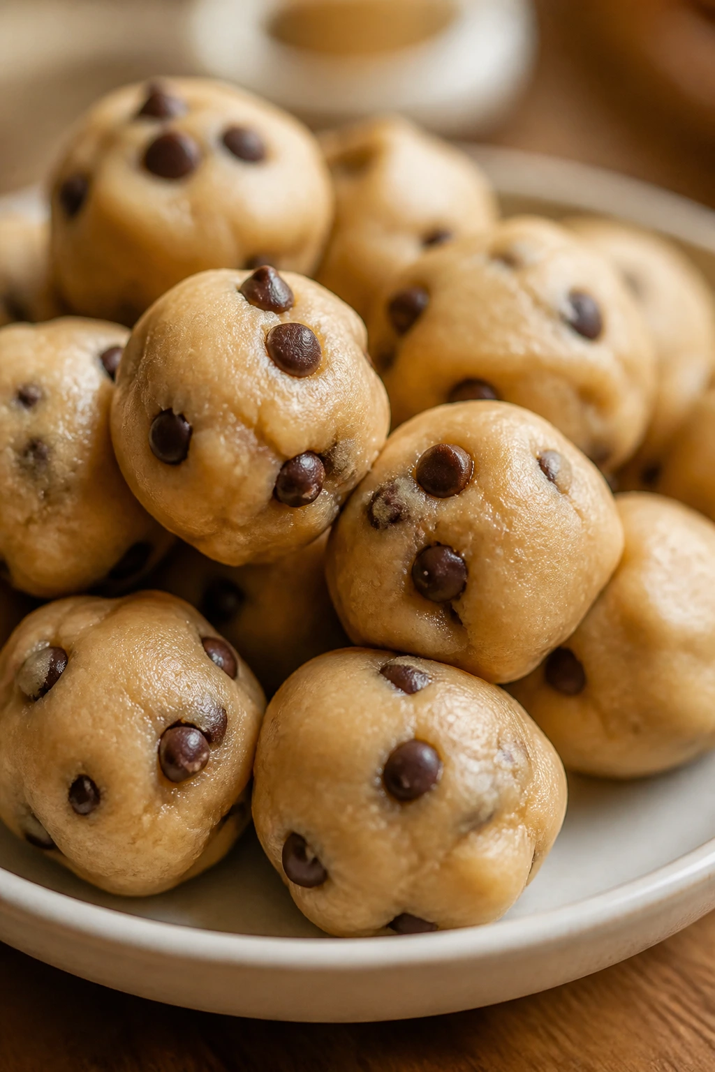 Bites of edible cookie dough with chips on a plate