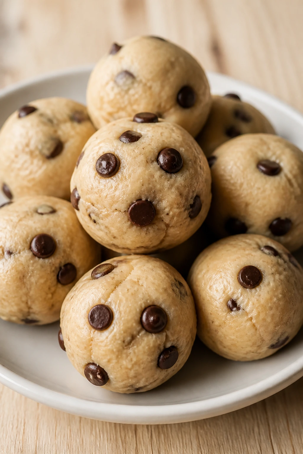 Cookie dough bites on a plate showing creamy dough with chocolate chips
