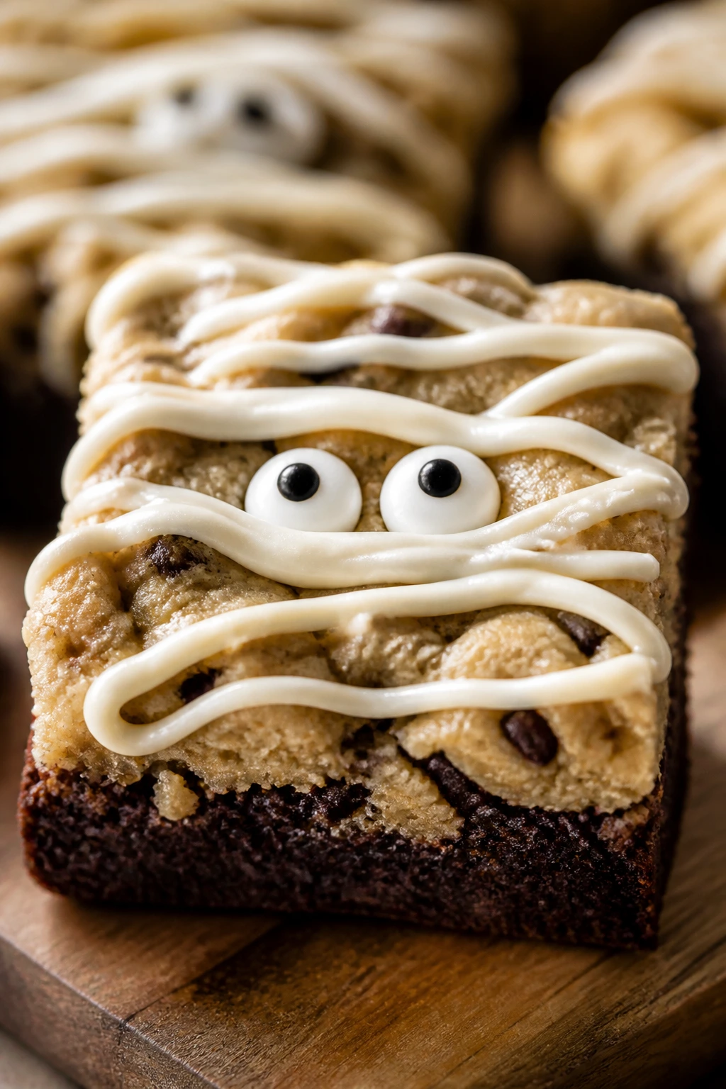 Close-up of Cookie Dough Mummy Brownies with cookie dough topping and white drizzle
