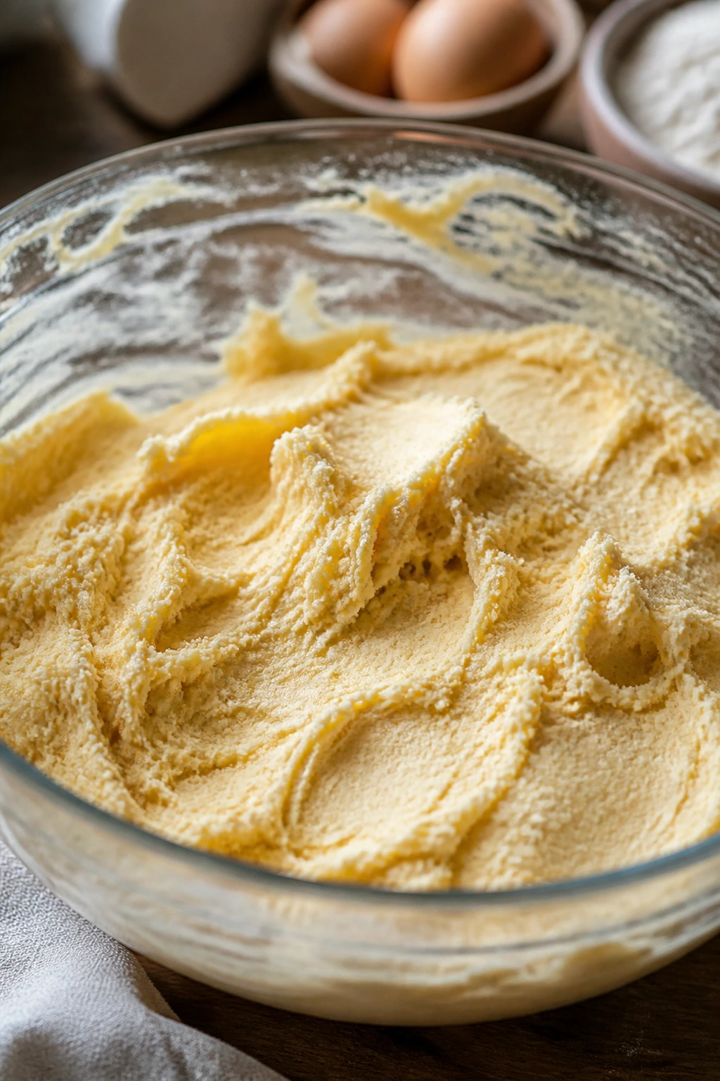 Bowl of soft, buttery cookie dough on a kitchen counter