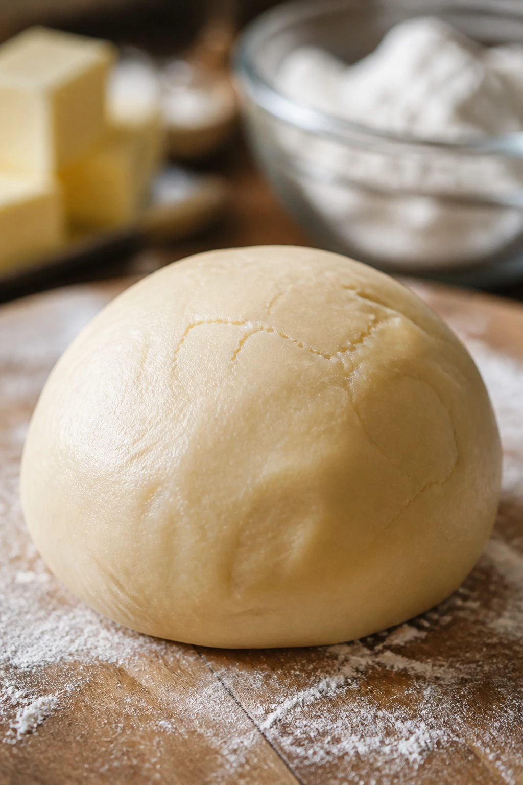 Close-up of soft cookie dough ball on wooden surface