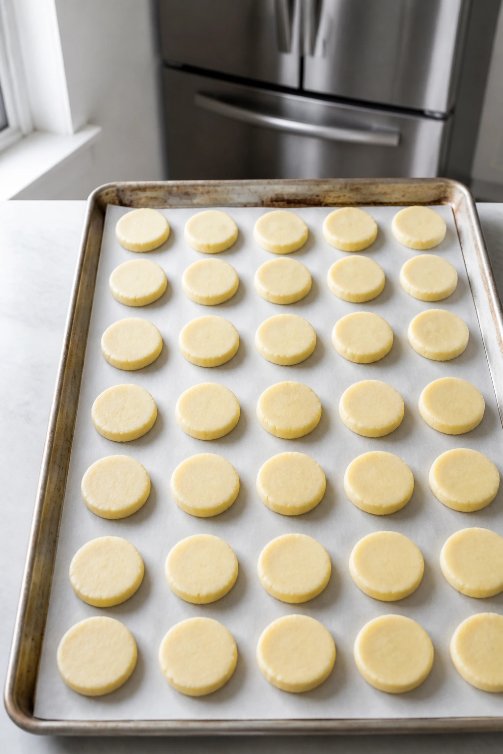 Dough discs on parchment lined sheet pan ready for storage or freezing