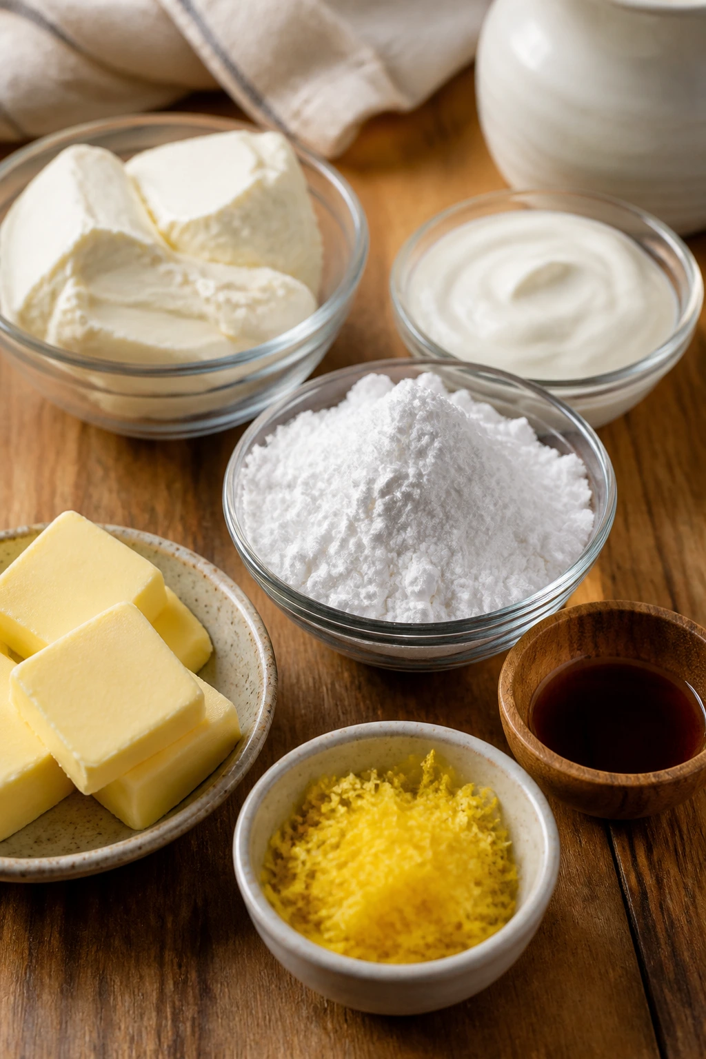 Still-life close-up of cookie dough and frosting ingredients on a wooden counter