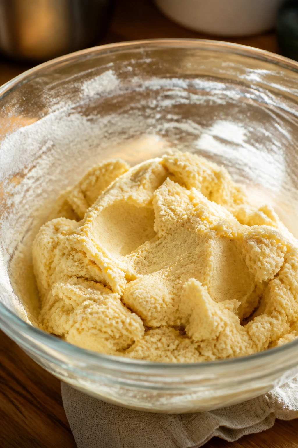 Mixing bowl with cookie dough and traces of ingredients in a kitchen
