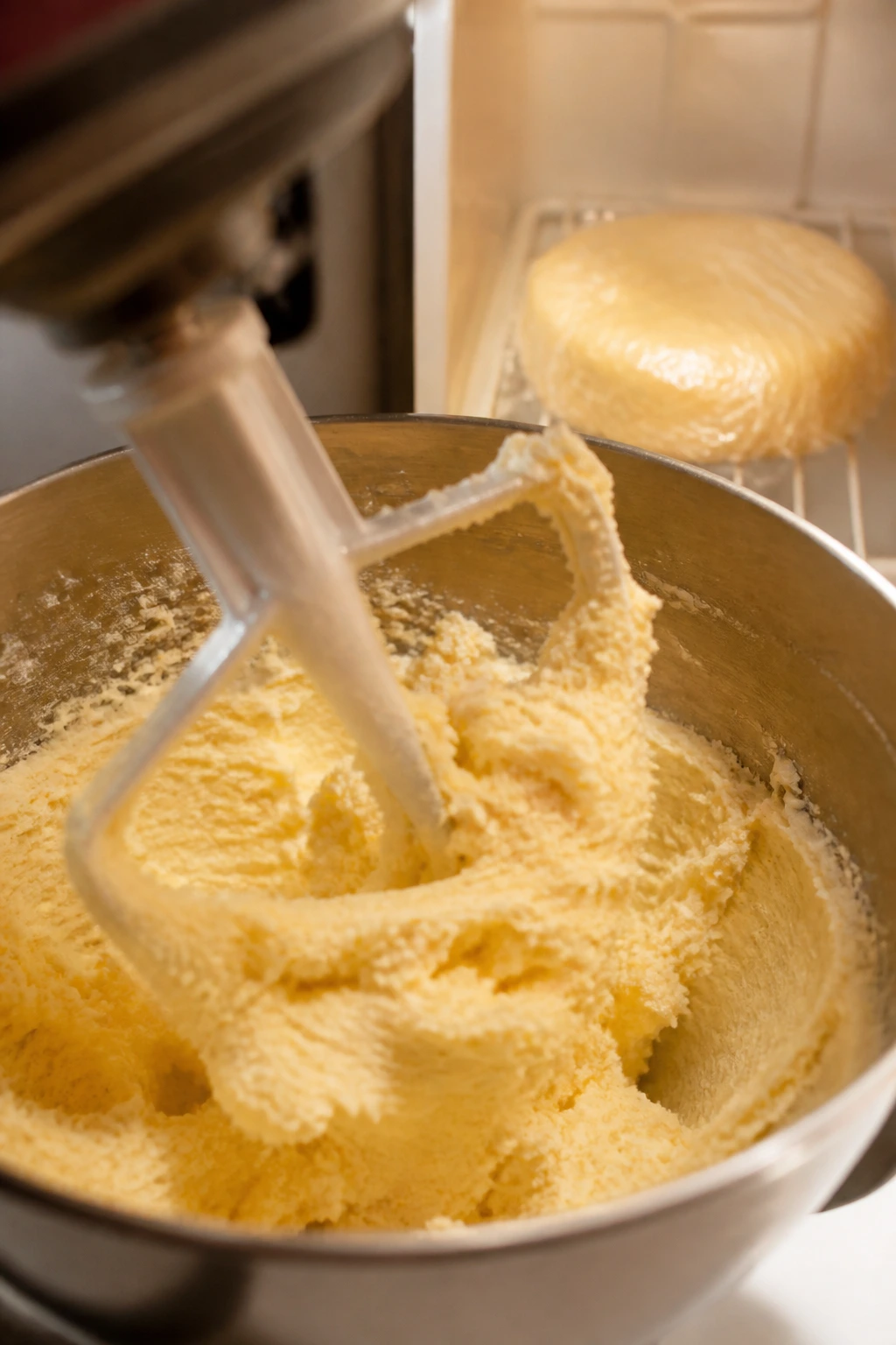Close-up of pale dough in a mixing bowl with a chilling dough disk in fridge.