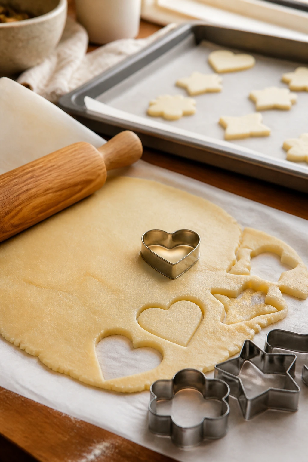 Close-up of rolled dough and cookie cutters on parchment in a home kitchen.