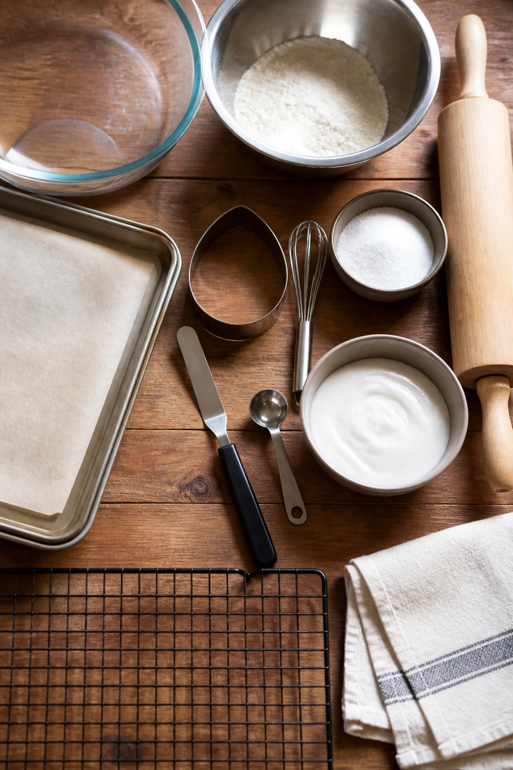 Top-down still life of baking tools for cookies