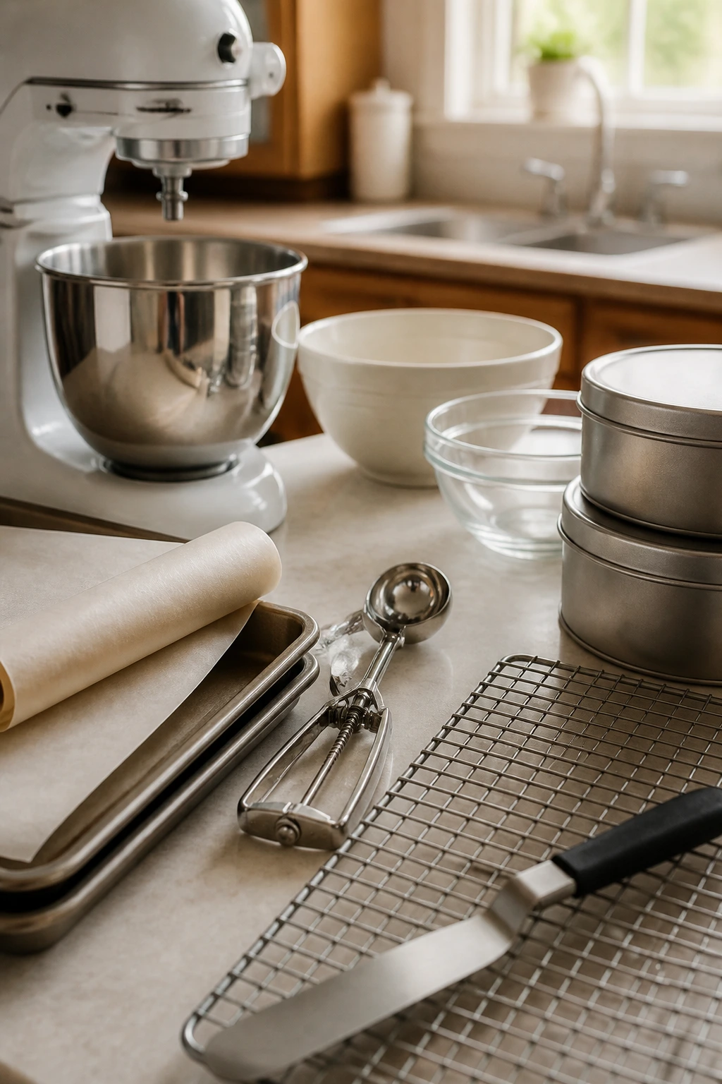 Close-up of essential cookie baking equipment on a kitchen counter ready for a batch