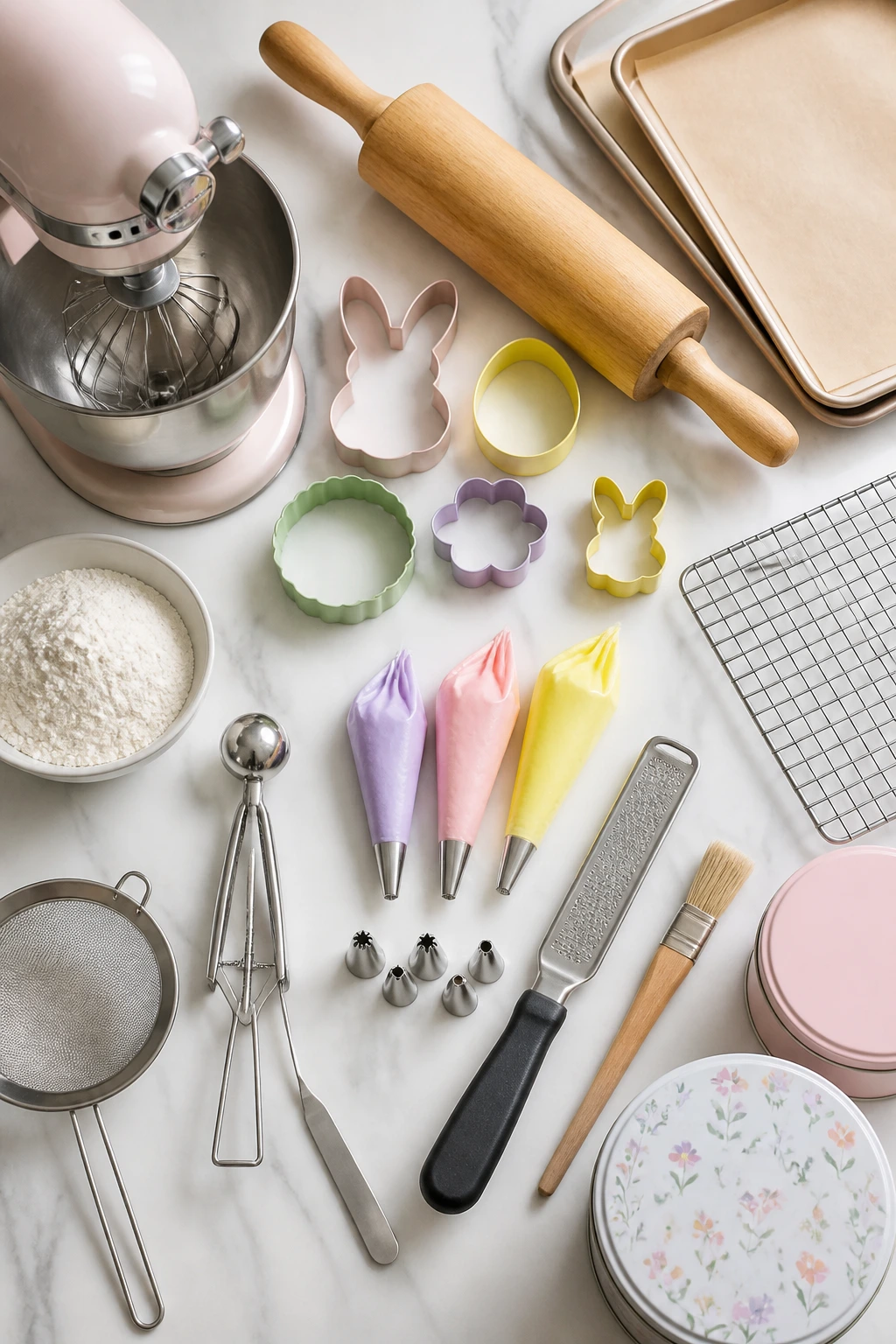 Flat lay of essential cookie equipment on a bright kitchen counter