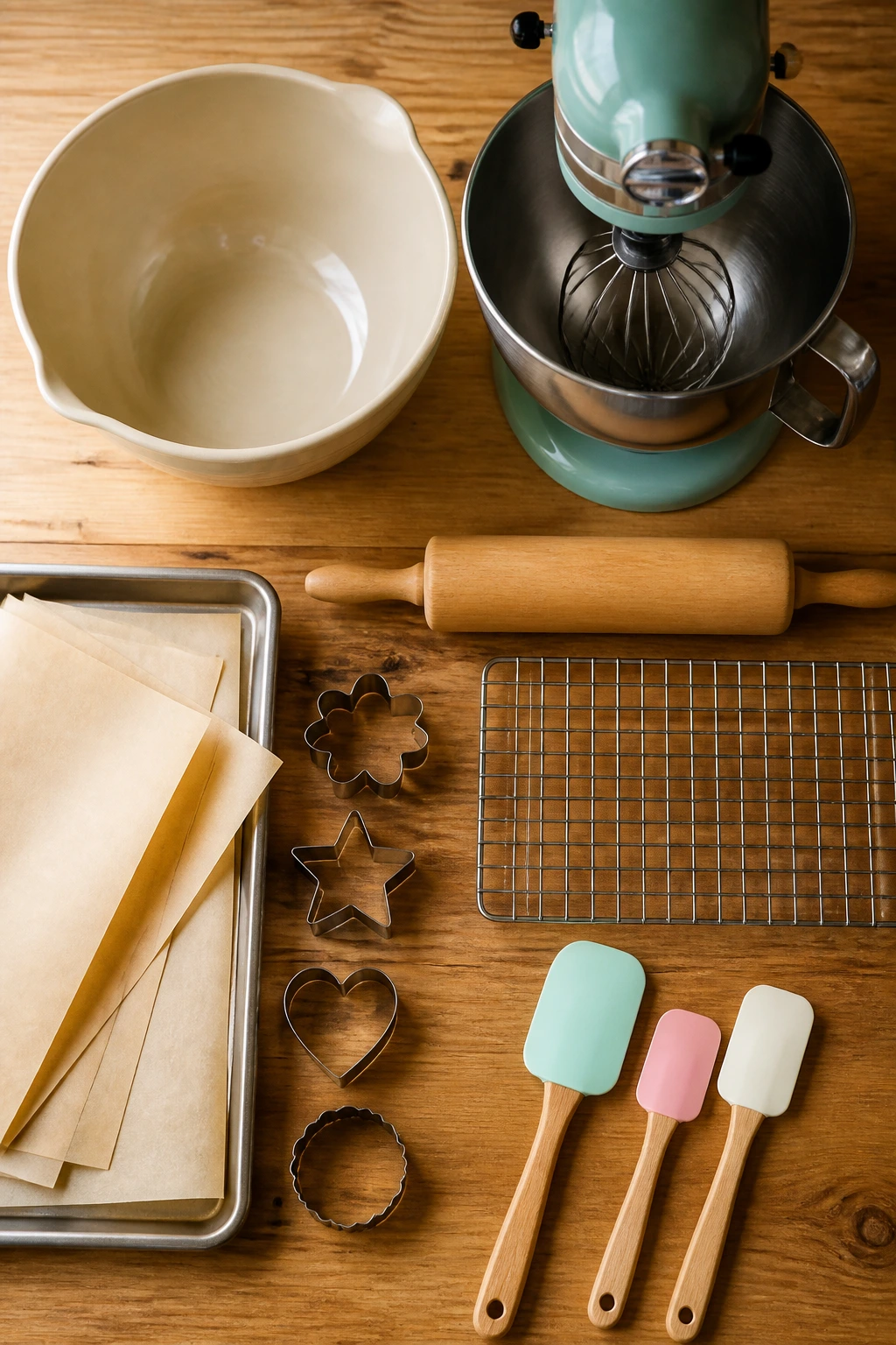 Top-down view of essential cookie-baking equipment on a wooden counter