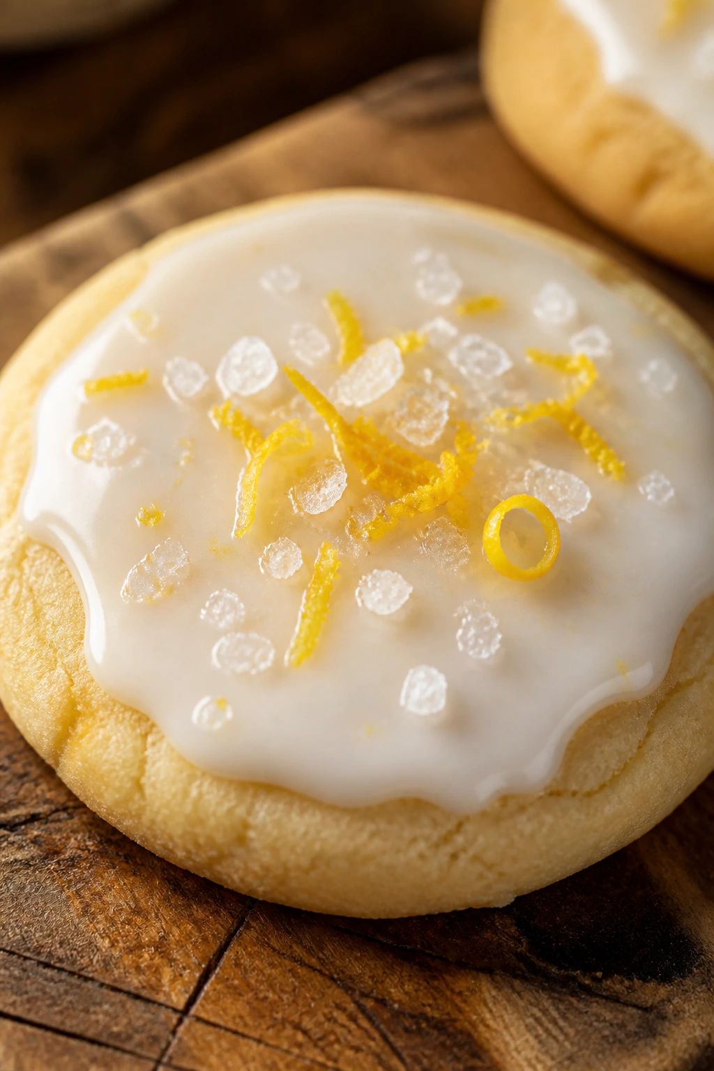 Glazed cookie with sea salt and lemon zest on a wooden board