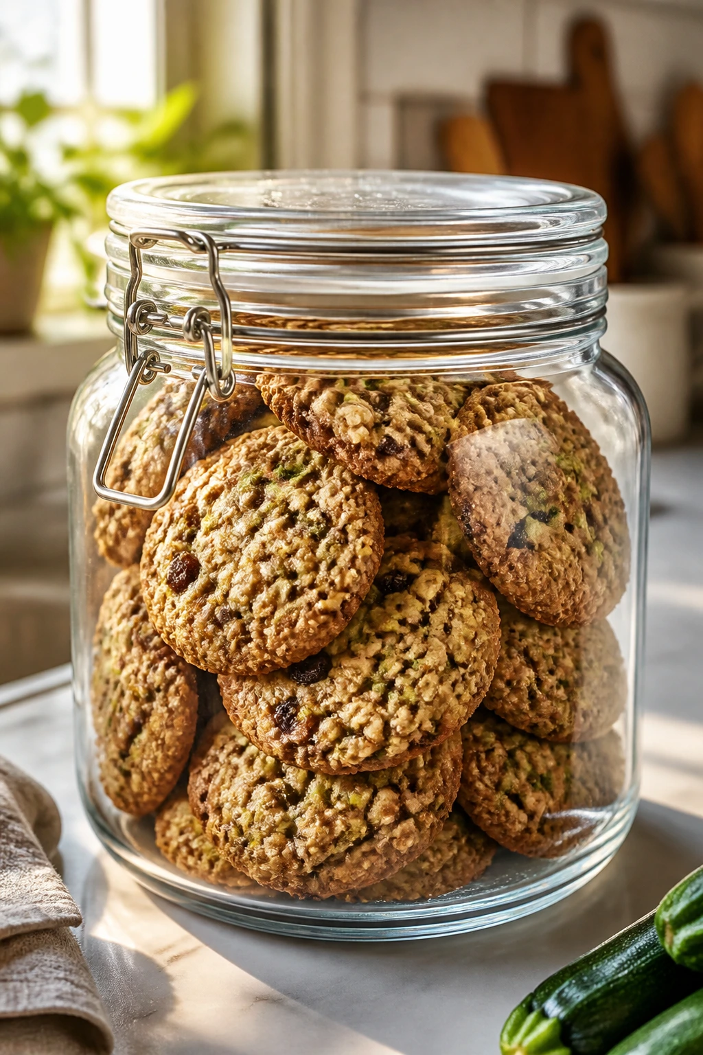 Airtight cookie jar filled with zucchini oatmeal cookies on a sunny counter
