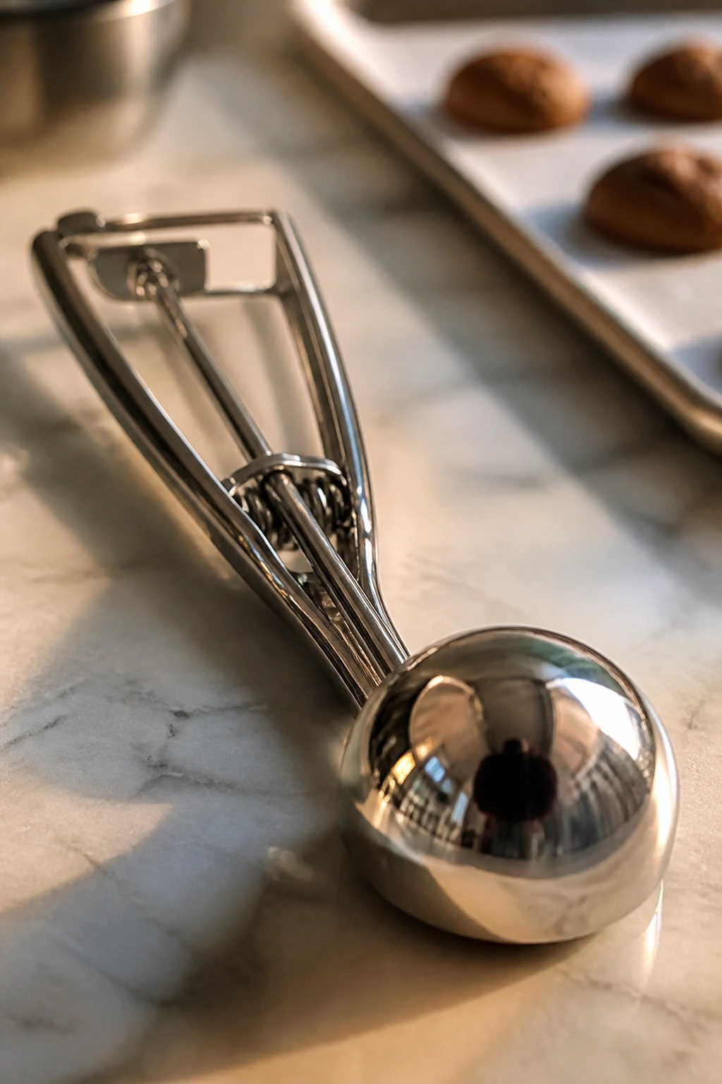 Close-up of a stainless steel cookie scoop in a kitchen setting.